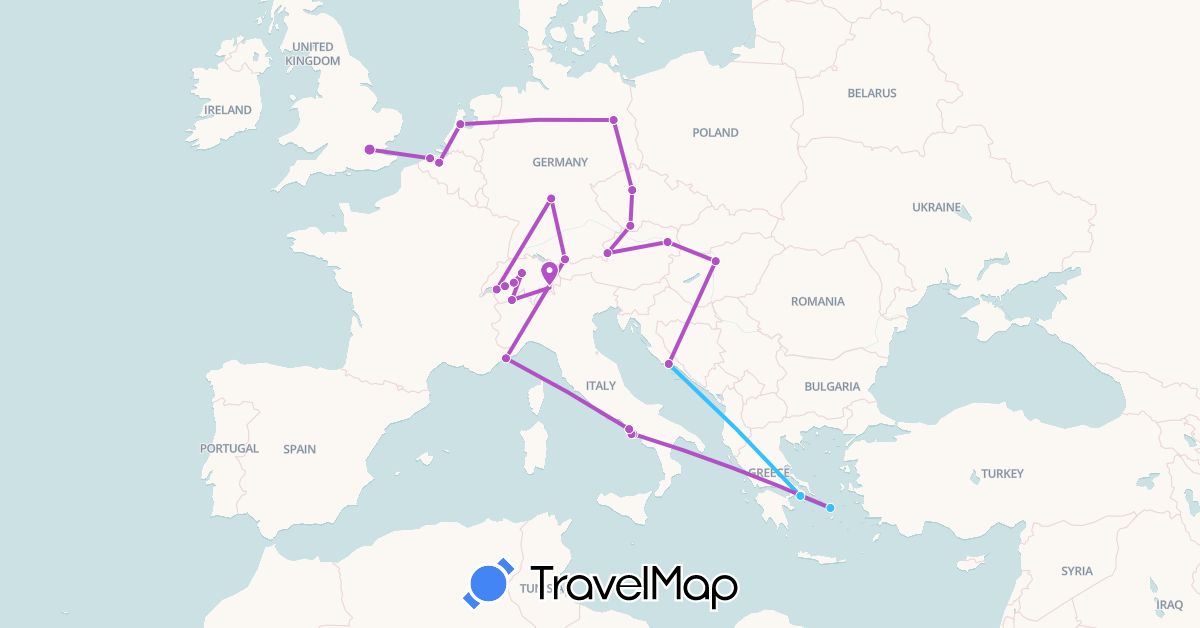 TravelMap itinerary: driving, train, boat in Austria, Belgium, Switzerland, Czech Republic, Germany, United Kingdom, Greece, Croatia, Hungary, Italy, Monaco, Netherlands (Europe)